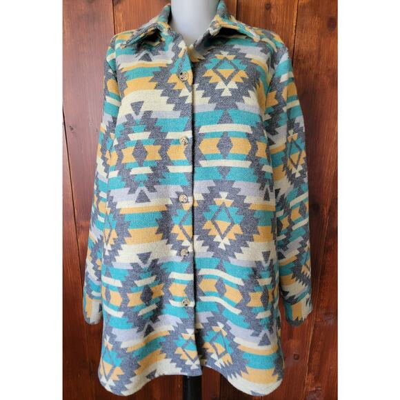 Blue B Women M Western Aztec Tribal Shacket Gray Turquoise Cream Tan Oversized - Picture 1 of 12